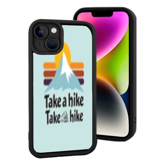 Lightweight iPhone 15 Phone Case with Mountain Design & Sunrise Sunset Background - " Take a Hike " Text Black Border