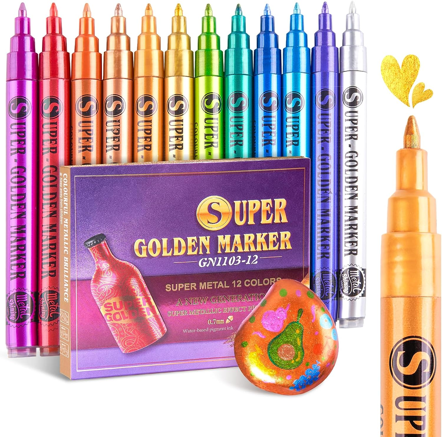 Lightwish Metallic Paint Pens Acrylic Paint Markers-12 Colors Sparkle Metallic Markers Art Glitter Pens