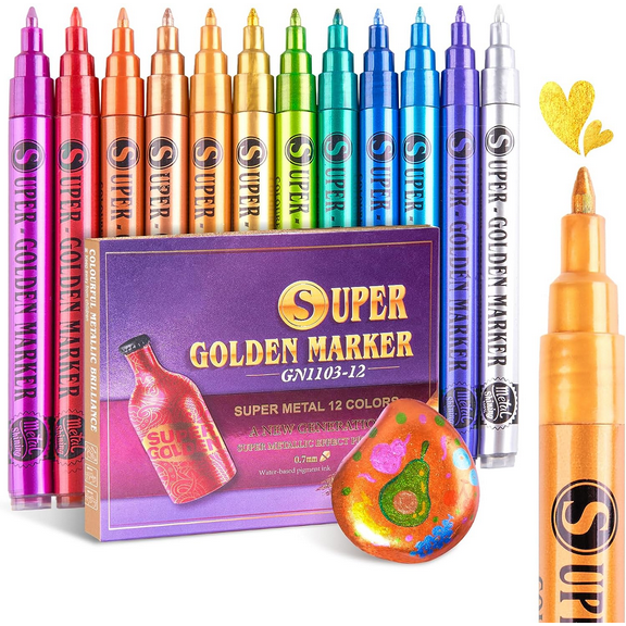 Lightwish Metallic Paint Pens Acrylic Paint Markers-12 Colors Sparkle Metallic Markers Art Glitter Pens