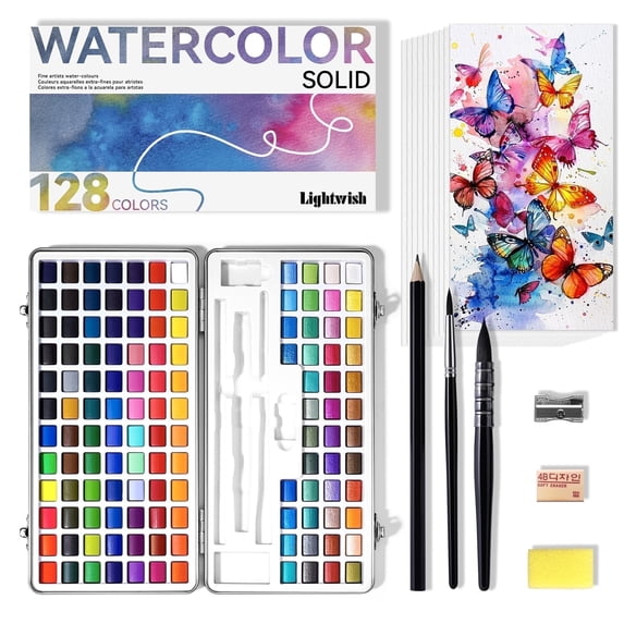 Lightwish Watercolor Paint Set 128 Colors, Portable Water Colors Paint Set Includes Watercolor Paper, Brushes, Pencils, Eraser, Sponge for Adults, Beginners