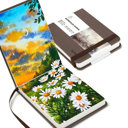 Lightwish Watercolor Sketchbook with Preimum Leather Cover, 100% Cotton Cold Press 140lb/300gsm 5.1 x 3.8 '' 20 Sheets Acid Free Watercolor Paper for Watercolor, Gouache, Acrylics