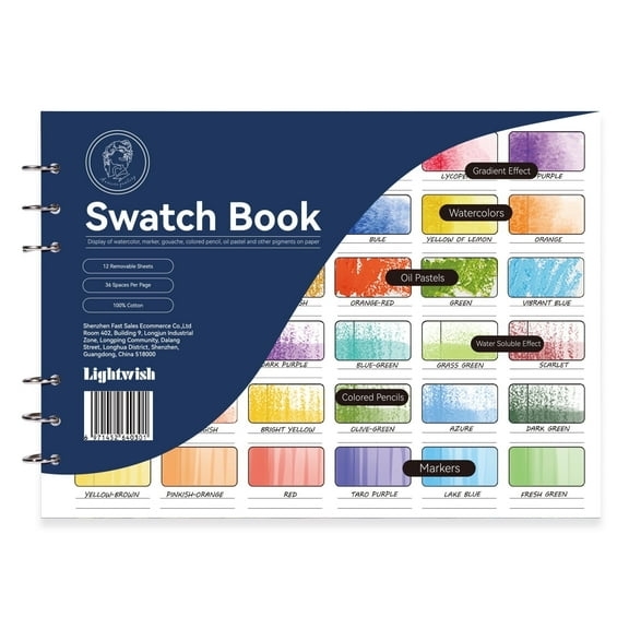 Lightwish Watercolor Swatch Book, 12 Pages 140lb/300gsm 100% Cotton Acid Free Color Diary for Watercolor, Marker, Oil Pastels, Colored Pencil, Gouache