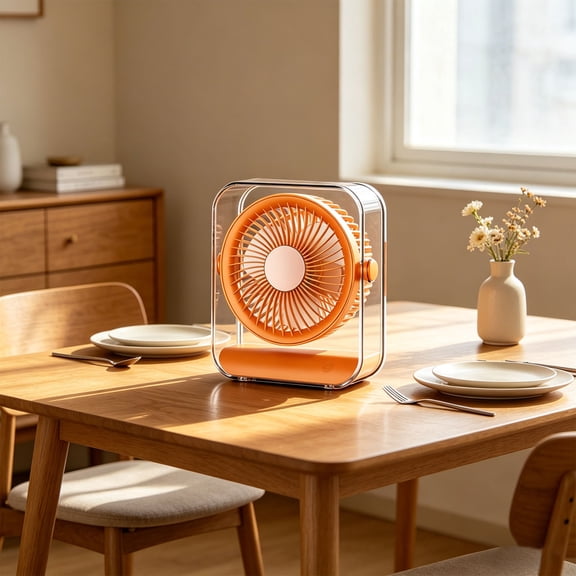 Lignoak Desktop Mini Fan, Usb Rechargeable High Power Quiet Motor, Transparent Portable Table Fan For Office Bedroom Orange