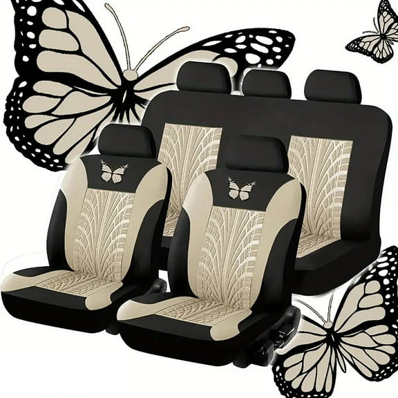 Lignoak Full Set Of Car Seat Covers, Universal Embroidered Car Seat Cover Set Beige Free Size