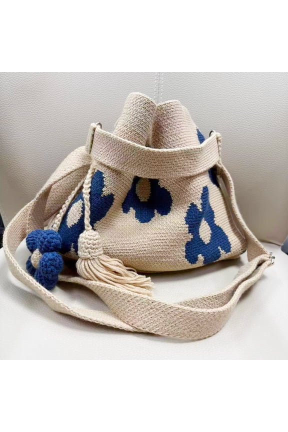 Handmade Crochet Tote Bag, Mesh Knit Shoulder Bag With Flower, Bohemian Summer Beach Bag, Large Capacity For Women Blue
