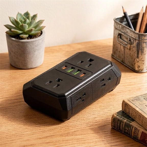 Lignoak Outlet Extender 6 Ac 4 Usb, Surge Protector Wall Charger For Home Black 13.5*9Cm
