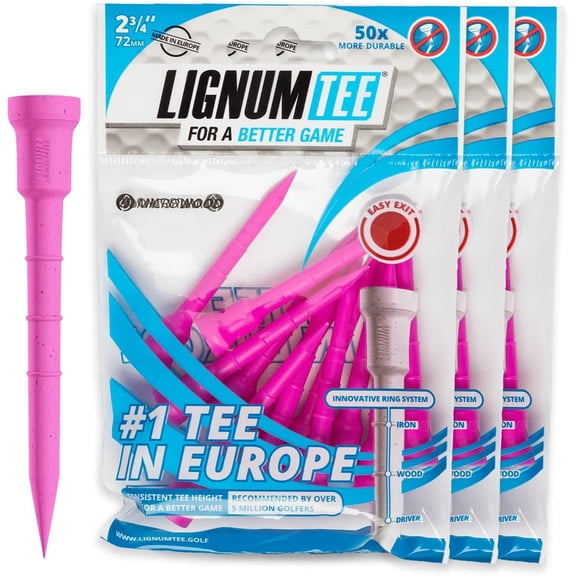 Lignum Tee - Classic Golf Tees - Punchy Pink 72mm - 12 Pieces/bag (3-Pack)