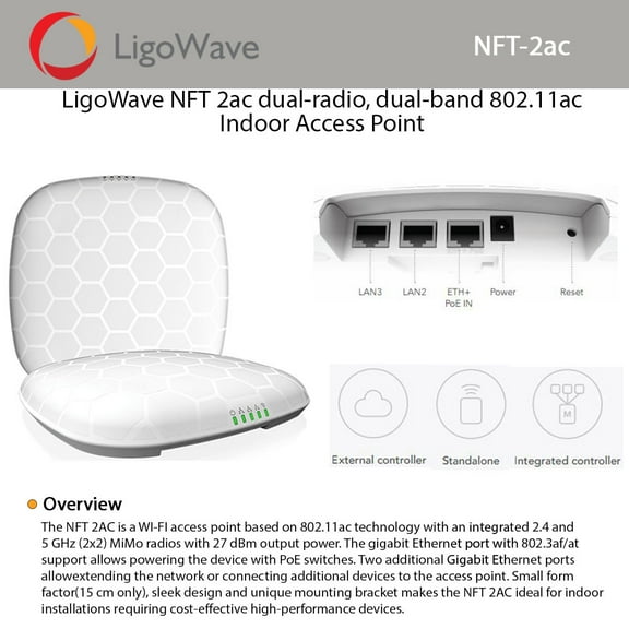 LigoWave NFT 2ac dual-radio, dual-band 802.11ac MIMO 2x2 Indoor Access Point