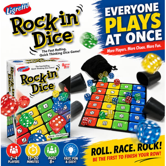 Ligretto Rocking Dice Game, Fast Paced Simultaneous Dice Rolling Board Game for 2-4 Players , 24 Colored Dice with 4 Shaker Cups, Family Party & Travel Game Gift