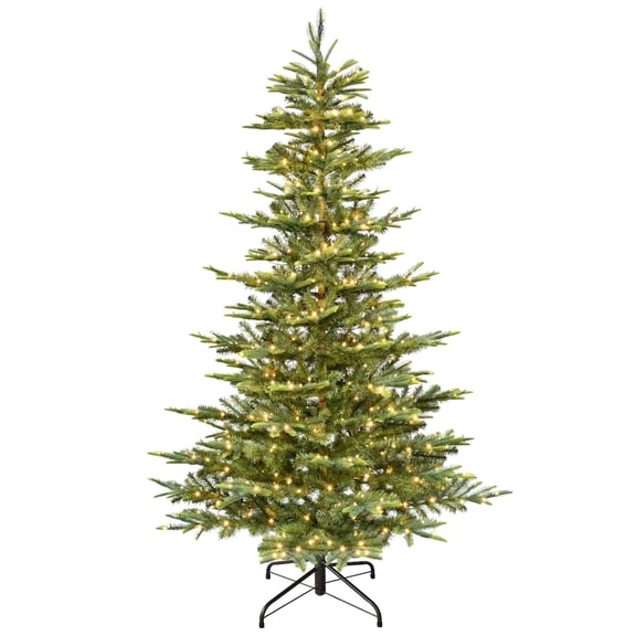 Liguanow 7ft Pre-Lit Aspen Fir Christmas Tree, 400 Warm White LED Lights, 960 Mixed Tips with Foldable Stand, Easy Assembly, Indoor Holiday Decor