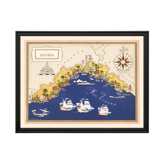Liguria Italy Italy Art, 1938 Vintage Map of Liguria Italy Italy History Wall Decor Gift, Old Liguria Italy Map - 24" x 18" Black Framed Print