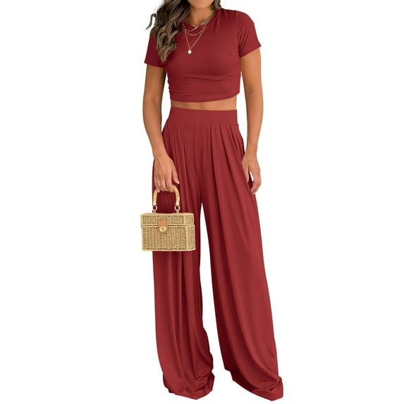 Liher 2 Piece Casual Sets for Women Lounge Tracksuit Wine Red Summer Sweatsuit Set Short Sleeve O Neck Top and Relax Fit Wide Leg Pant Set Clothes Size L