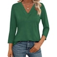 thumbnail image 1 of Liher 3/4 Sleeve Blouse for Women V Neck Fall Top Comfort Soft Autumn T-Shirt Dark Green Tee Clothes Size S, 1 of 4