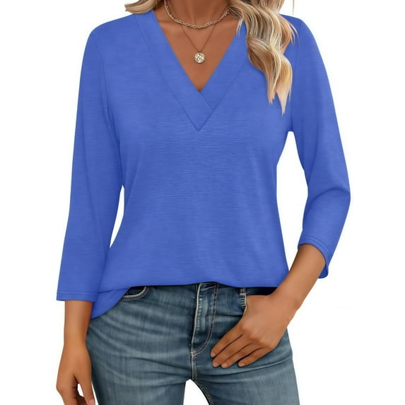 Liher 3/4 Sleeve Tops for Women V Neck T Shirts Lightweight Soft Tunic Blouse Blue Tee Clothes Size L