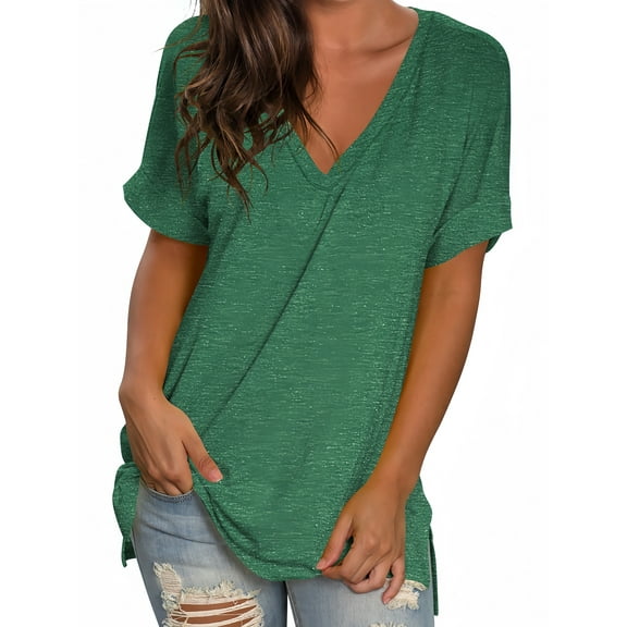 Liher Casual V Neck T-Shirt for Women Loose Fit Summer Tops Rolled Short Sleeve Tee Shirts Plain Solid Color Tunic Tops Green L