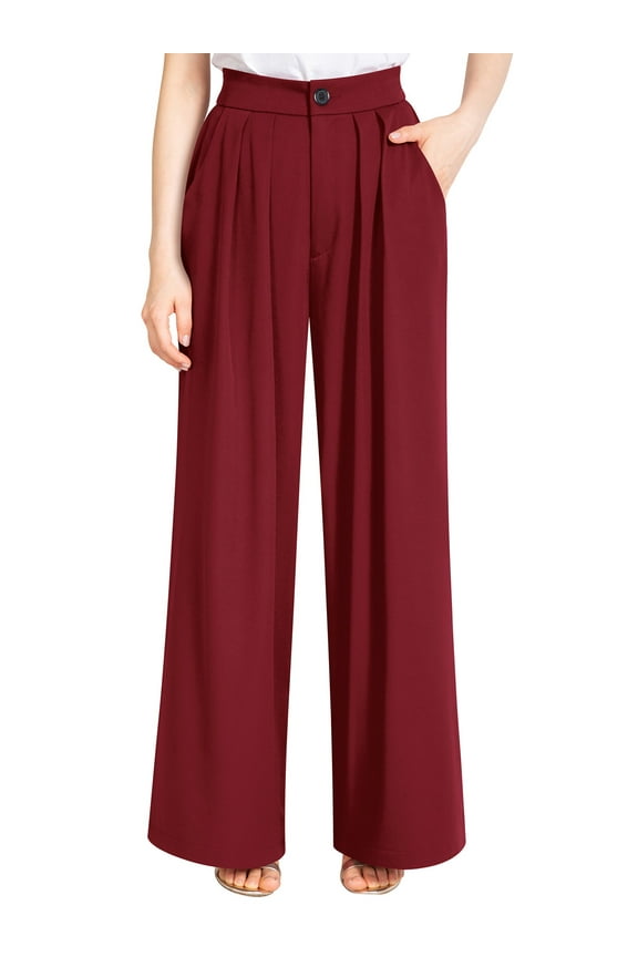 Slacks for Women High Rise Pleats Wide Leg Pant Plain Solid Color Suit Pants Lounge Loose Fit Flare Bell Bottoms Wine Red Palazzo Trousers with Pocket Clothes Size L
