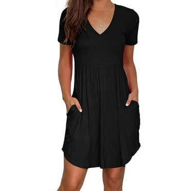 Liher Summer Dress for Women V Neck Short Sleeve Mini Sundress Black Coverup Beach Dress with Pocket Clothes Size XL