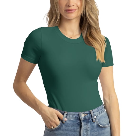 Liher Summer T-Shirt for Women Crewneck Short Sleeve Tee Shirts Plain Solid Color Slim Fit Top Dark Green M