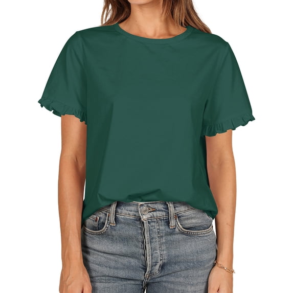Liher Summer T-shirts for Women Casual Loose Tunic Blouse Tops Round Neck Ruffle Short Sleeve Basic Tee Shirts Dark Green 2XL