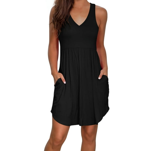 Liher Women Tank Summer Dress Casual V Neck Vest Sundress Black Sleeveless Mini Beach Coverup Dress with Pocket Clothes Size L