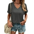 thumbnail image 1 of Liher Summer Tops for Women Short Sleeve Tshirts V Neck Loose Basic Tops Casual Solid Roll Sleeve Tee Shirts Dark Gray S, 1 of 6