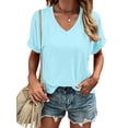 thumbnail image 1 of Liher T Shirts for Women V Neck Summer Tops Roll Short Sleeve Loose Tee Casual Plain Solid Color Basic Tee Shirts Sky Blue L, 1 of 6