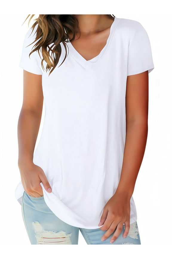 T-shirts for Women Short Sleeve V-Neck Summer Tops Casual Loose Plain Tunic Blouse White Tee Clothes Size L