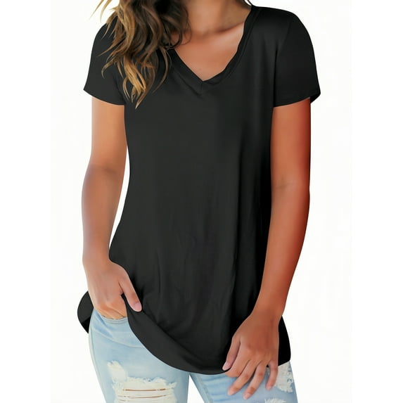 Liher Tops for Women Short Sleeve V-Neck Basic T-shirts Lounge Baggy Lightweight Soft Blouse Black Tee Clothes Size L