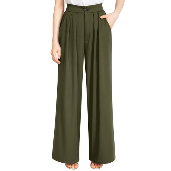 Liher Trousers for Women Work Office Straight Leg Pants Elastic Waist Wide Leg Pant Loose Fit Palazzo Pants Army Green Flare Bell Bottoms with Pocket Clothes Size L