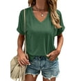 thumbnail image 1 of Liher V Neck T Shirts for Women Basic Summer Tops Loose Fit Shirts Casual Solid Tunic Blouse Top Roll Short Sleeve Shirts Tee Dark Green XL, 1 of 6