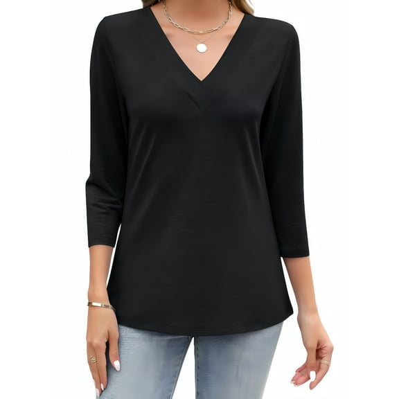 Liher V Neck T-shirt for Women 3 4 Sleeve Tunic Fall Top Black Basic Tees Casual Loose Blouse Clothes Size XL