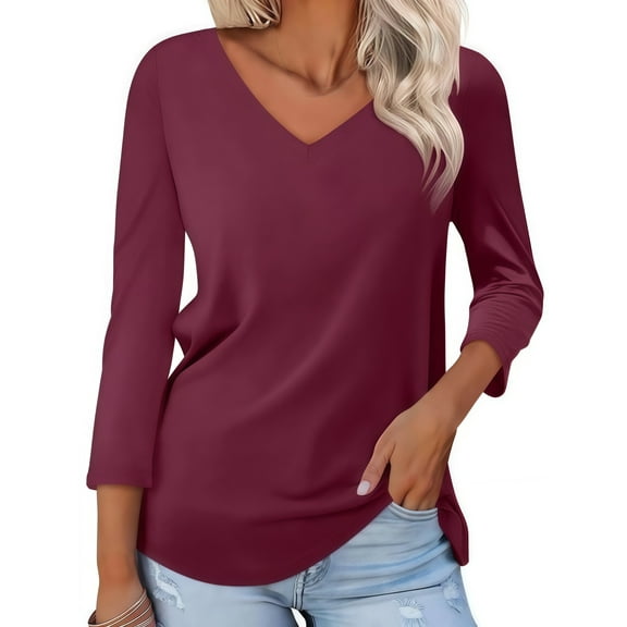Liher V Neck Tops for Women Casual Solid 3/4 Sleeve T Shirt Loose Fit Wine Red Tunic Tee Clothes Size XXL