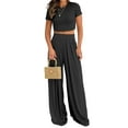 thumbnail image 1 of Liher Women 2 Piece Summer Outfits Black Casual Set Short Sleeve Crew Neck Basic Top & High Waist Ruched Wide Leg Pant Set Clothes Size S, 1 of 4