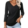 thumbnail image 1 of Liher Women Autumn Tshirt Lightweight Soft Tunic Top V Neck 3 4 Sleeve Dressy Blouse Black Tee Clothes Size M, 1 of 6