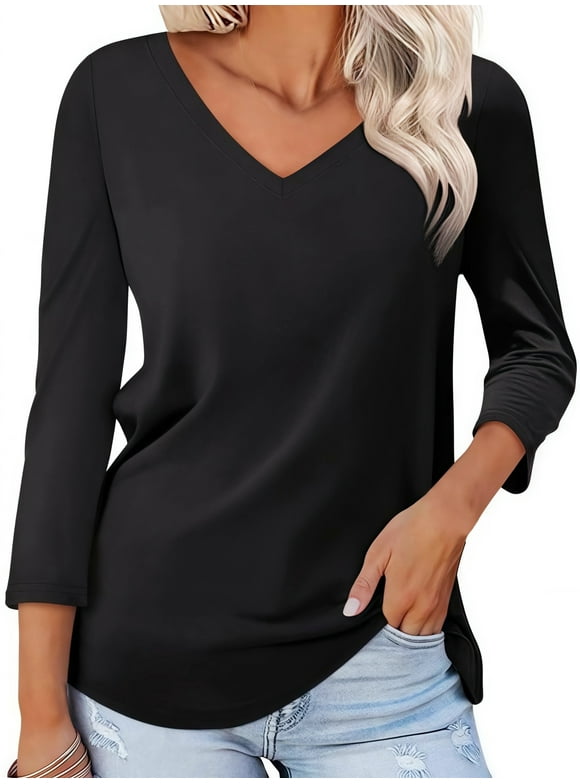 Women Autumn Tshirt Lightweight Soft Tunic Top V Neck 3 4 Sleeve Dressy Blouse Black Tee Clothes Size XL
