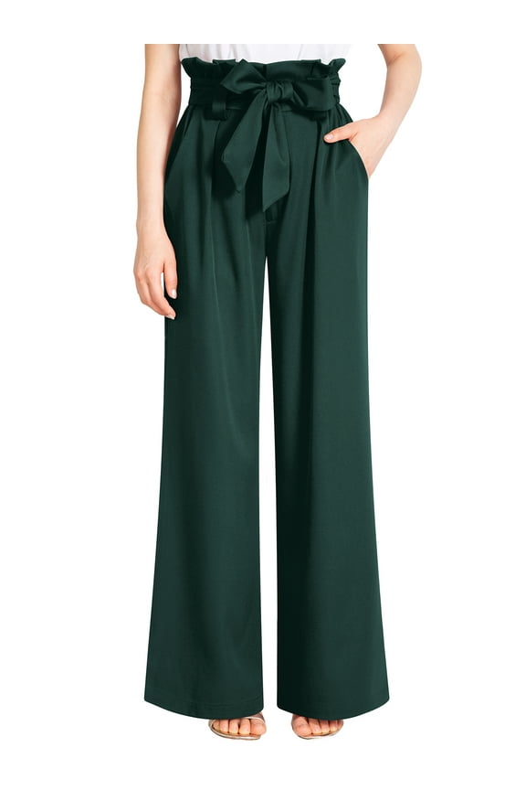 Women Bag Waist Pants Loose Flowy Wide Leg Trousers Solid Color Work Pants Spring Fall Pant Dark Green Casual Slacks Clothes Size L