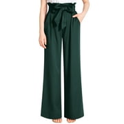 Liher Women Bag Waist Pants Loose Flowy Wide Leg Trousers Solid Color Work Pants Spring Fall Pant Dark Green Casual Slacks Clothes Size XL
