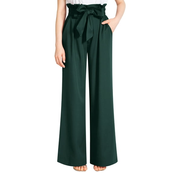 Liher Women Bag Waist Pants Loose Flowy Wide Leg Trousers Solid Color Work Pants Spring Fall Pant Dark Green Casual Slacks Clothes Size XXL