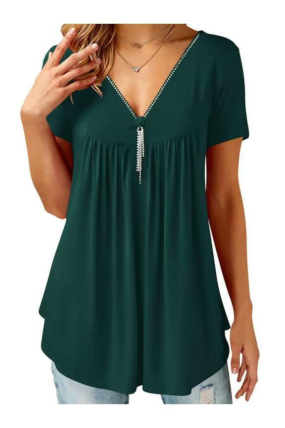 Women Basic Tshirt V Neck Short Sleeve Summer Tops Lounge Loose Tunic Blouse Dark Green Tee Shirts Clothes Size L