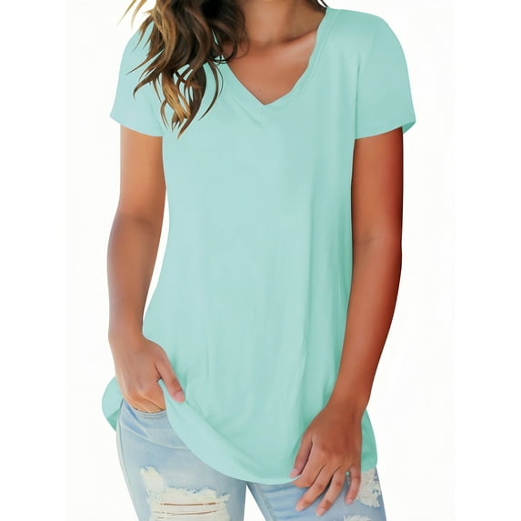 Liher Women Basic Tshirts Loose Fit Dressy Tops Short Sleeve V-Neck Blouse Green Summer Tee Clothes Size L