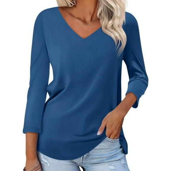 Liher Women Fall Top 3 4 Sleeve Trendy V Neck T-shirts Lightweight Stretchy Blouse Navy Blue Tee Clothes Size XL