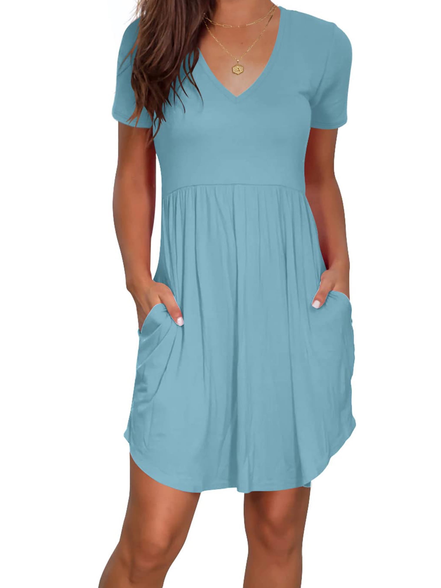 Liher Sun Dress for Women High Waist A-Line Summer Mini Dress Blue Tunic Beach T Shirts Dress with Pocket Clothes Size L