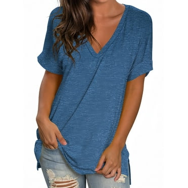 Liher Women Loose Fit T Shirts Casual Rolled Short Sleeve Side Split Summer Tops Casual V Neck Tunic Blouse Tee Blue S