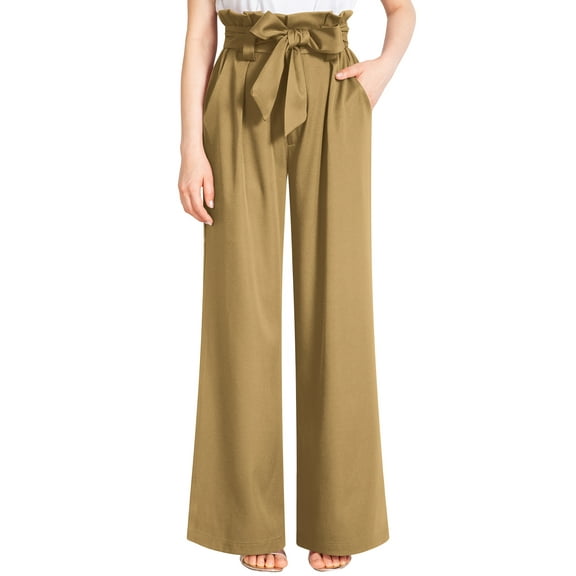Liher Women Pull On Pants Loose Fit Palazzo Pant Casual Work Trousers Khaki Fashion Wide Leg Pants with Pocket Clothes Size L