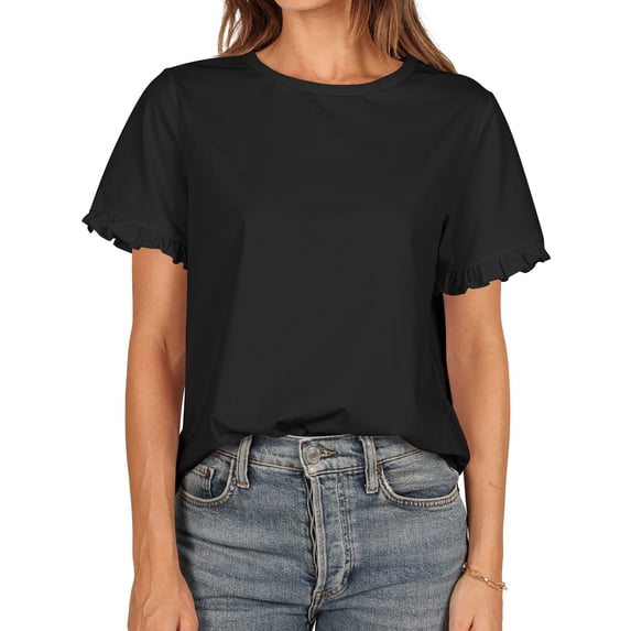 Liher Women Short Sleeve Tshirts Round Neck Basic Summer Tops Ruffle Short Sleeve T-shirts Trendy Casual Plain Blouse Tee Shirts Black M