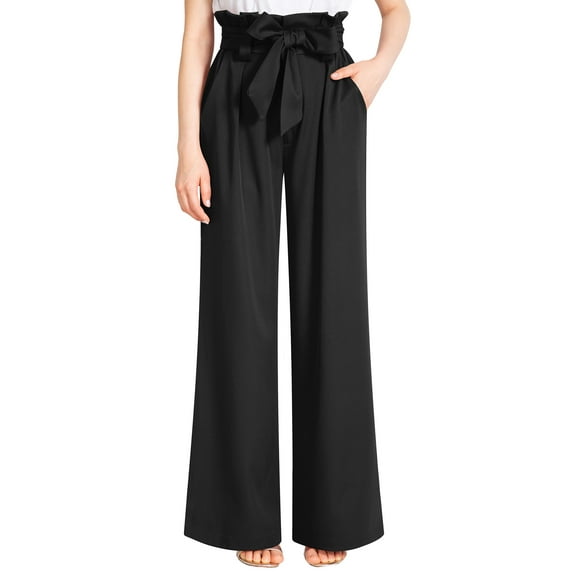 Liher Women Slacks High Waist Wide Leg Pants Casual Plain Solid Flowy Palazzo Trousers Black Elegant Pant Flare Bell Bottoms with Pocket Clothes Size M