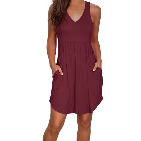 Liher Women Sleeveless V Neck Dress Knee Length Tank Summer Dress Wine Red Vest Beach Sundress with Pocket Clothes Size M