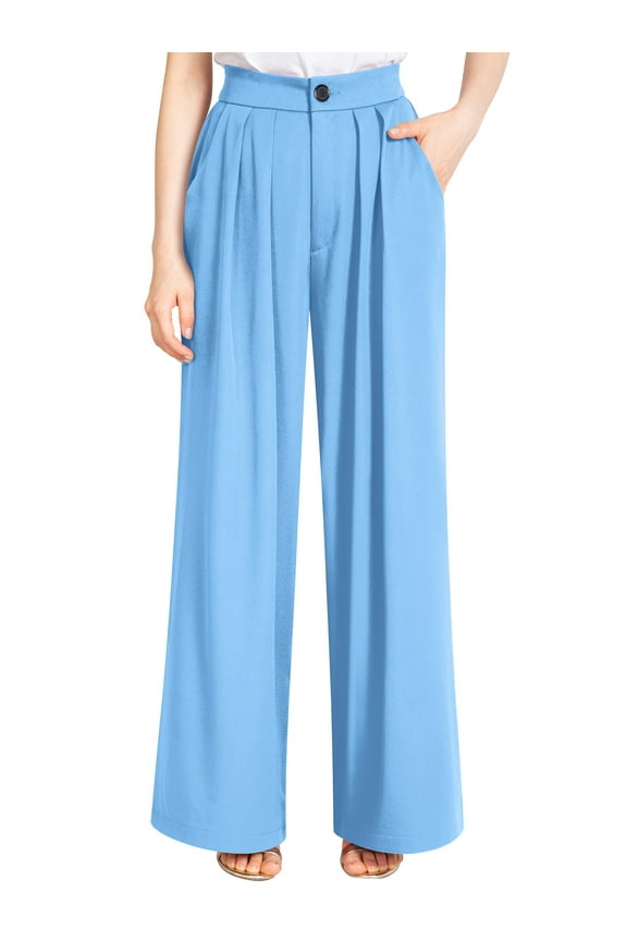 Women Straight Leg Pants Casual Work Wide Leg Trousers Pleate Palazzo Pants Flowy Summer Pant Blue Bell Bottoms with Pocket Clothes Size M