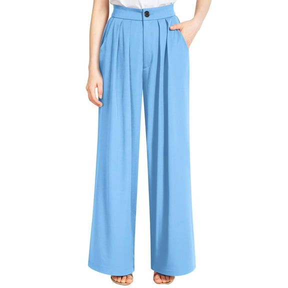 Liher Women Straight Leg Pants Casual Work Wide Leg Trousers Pleate Palazzo Pants Flowy Summer Pant Blue Bell Bottoms with Pocket Clothes Size S