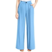 Liher Women Straight Leg Pants Casual Work Wide Leg Trousers Pleate Palazzo Pants Flowy Summer Pant Blue Bell Bottoms with Pocket Clothes Size XL